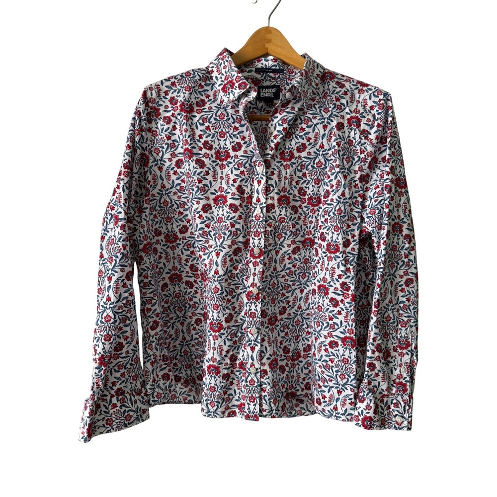 Lands End Button Down Shirt Womens 18P White Red Floral No Iron Petite Career